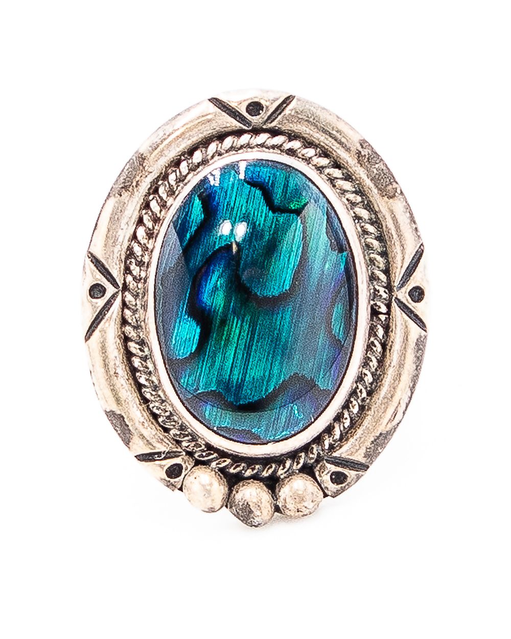 Lot 354: Gilo & Grace Nakai Sterling Blue Green Glass Abalone Ring Sz. 7.5