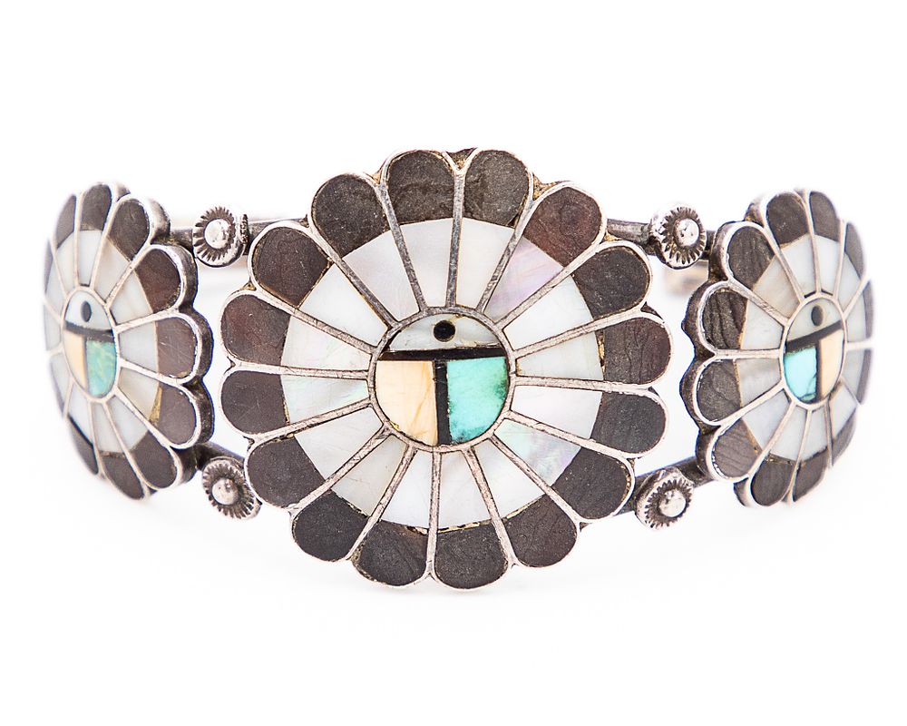 Lot 363: Vintage Zuni Sterling Jet Mother Of Pearl Turquoise White Stone Wood Inlay Cuff Bracelet