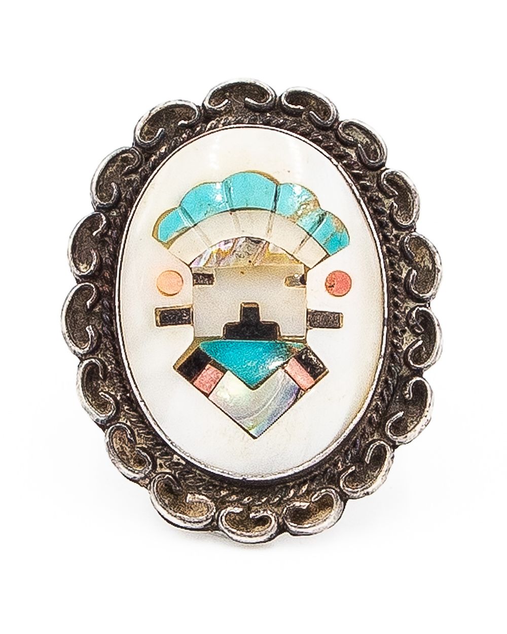 Lot 386: Signed FB Zuni Sterling Abalone Turquoise Jet Spiny Oyster Mother Of Pearl Sz. 8.25