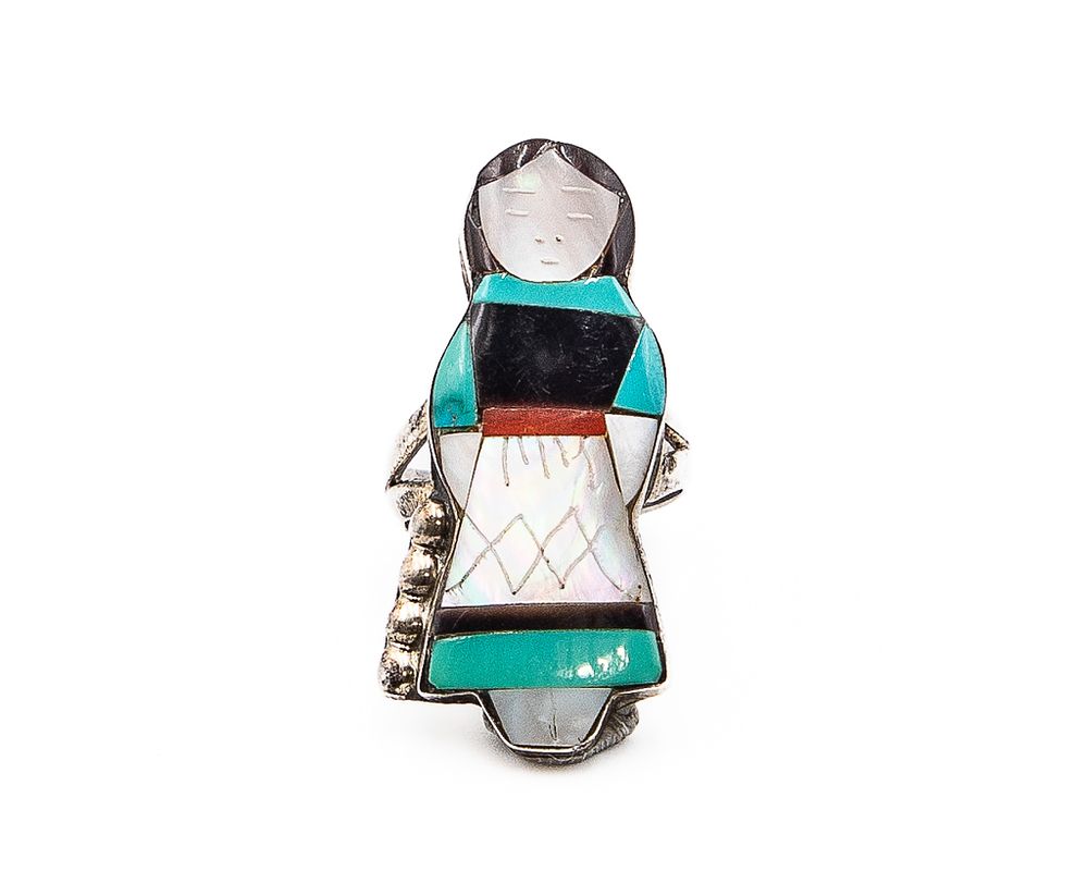 Lot 387: Theresa Weseta Zuni Jet Mother Of Pearl Coral Turquoise Inlay Ring Sz. 5.5