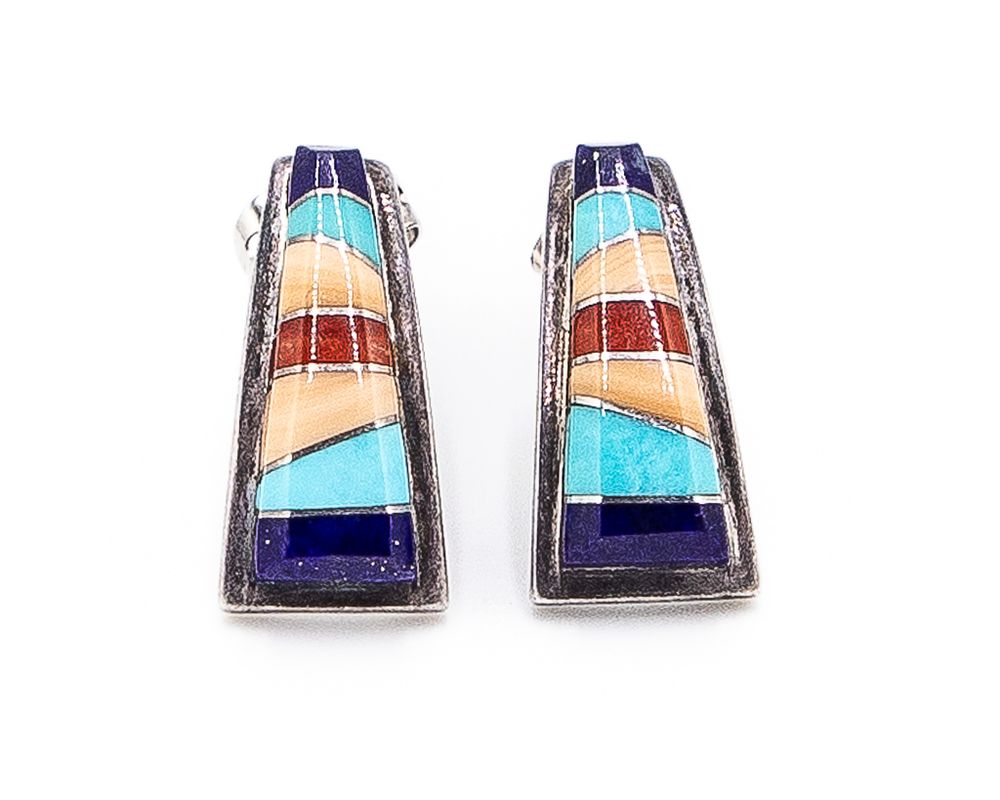 Lot 390: Darren Tsalate Sterling Lapis Turquoise Coral Spiny Oyster Inlay Earrings