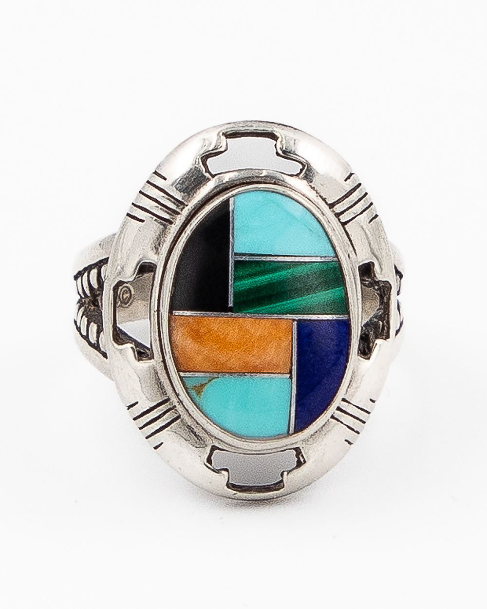 Lot 408: Relios Jewelry Sterling Turquoise Jet Malachite Lapis Inlay Ring Sz. 5.5