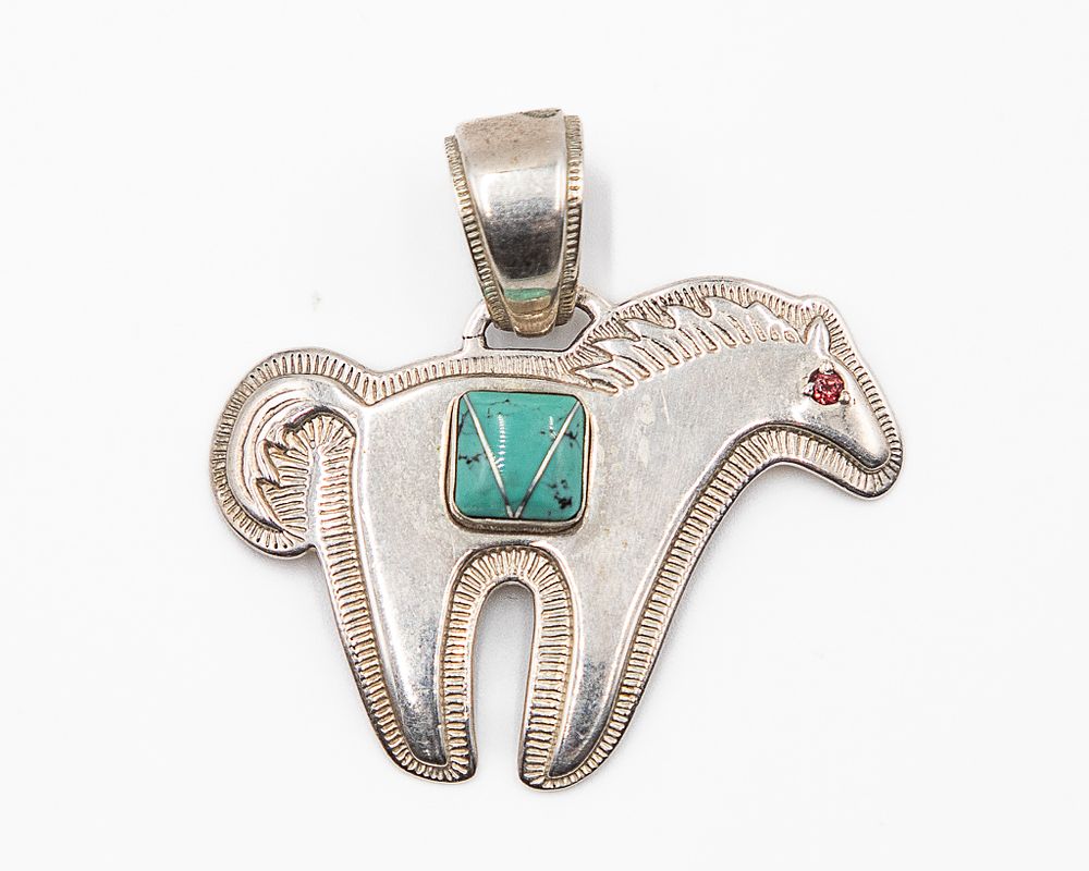 Lot 500: Relios Roderick Tenorio Turquoise Stone Inlay Sterling Pink Rhinestone Horse Pendant