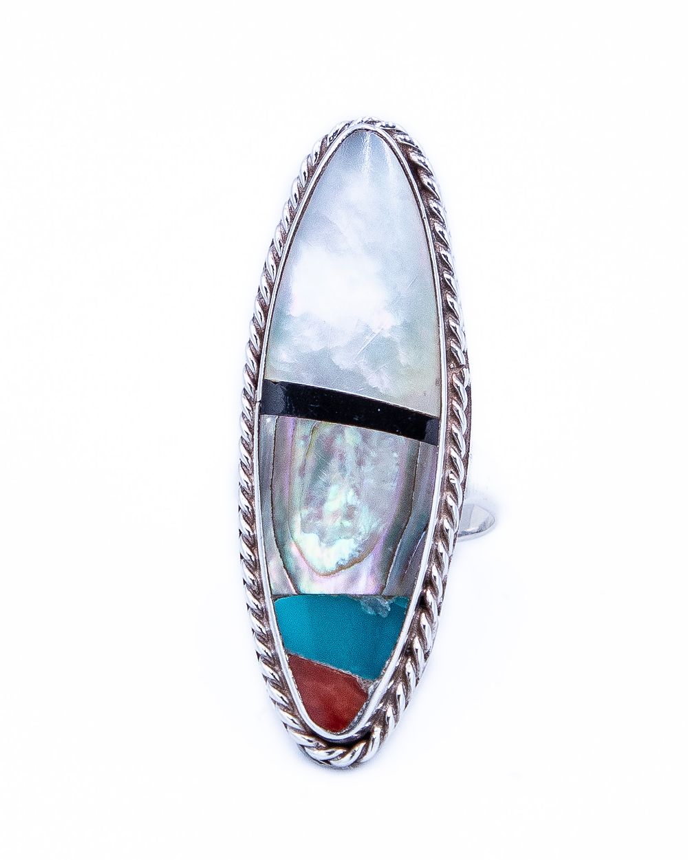 Lot 630: Vintage Zuni Multi Stone Sterling Inlay Ring Sz 5