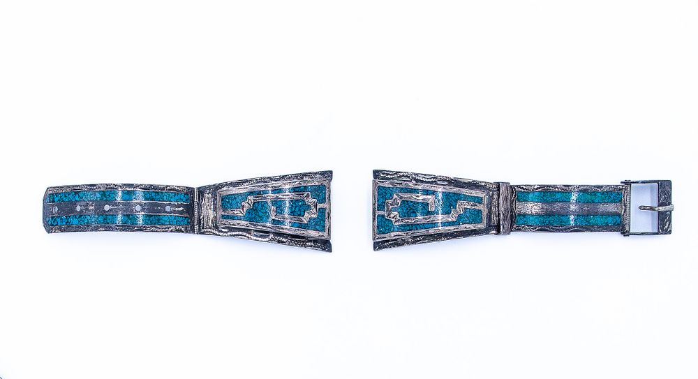 Lot 750: Signed JSL Mexico Crushed Turquoise Sterling Watch Nibs Band
