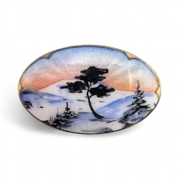 Lot 173: Norway H Ivar T Holth Guilloche Enamel Sterling Silver Winter Scene Brooch 7.4 G