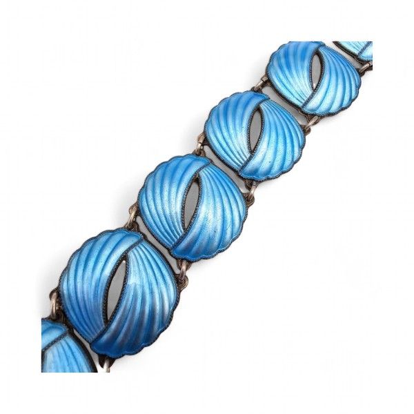 Lot 201: Norway Evik & Co A/S  Guilloche Enamel Sterling Silver Blue Scalloped Bracelet 37.6 G