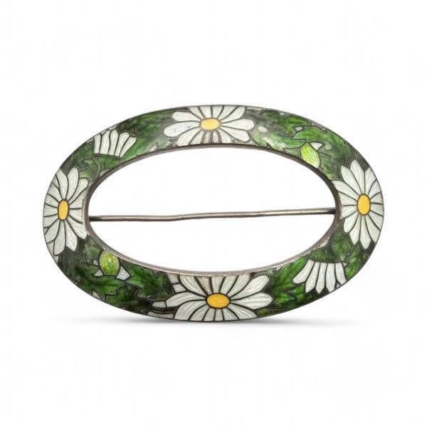 Lot 206: Norway N.M. Thune Cloisonne Enamel Sterling Silver Large Daisy Flower Brooch 25.2 G