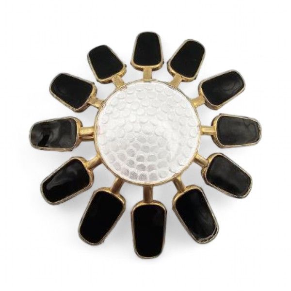Lot 209: Norway Aksel Holmsen Guilloche Enamel Sterling Silver White and Black Mid Century Brooch 13.7 G