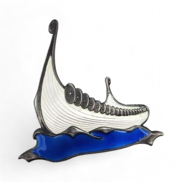Lot 214: Scandinavian Guilloche Enamel Sterling Silver Viking Ship Brooch 7.1 G