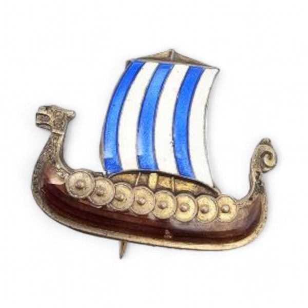 Lot 216: Norway Aksel Holmsen Guilloche Enamel Sterling Silver Viking Ship Brooch 4.3 G