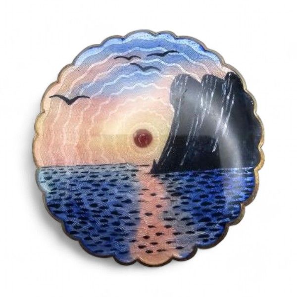Lot 217: Norway H Ivar T Holth Guilloche Enamel Sterling Silver Ocean Scene Scalloped Brooch 18.5 G