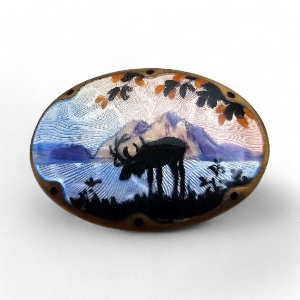 Lot 220: Norway Gustay Hellstrom Guilloche Enamel Sterling Silver Moose Scene Brooch 6.2 G