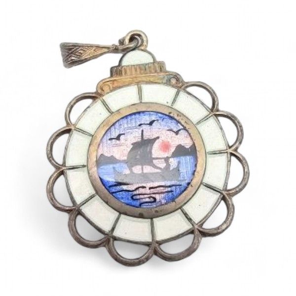 Lot 228: Norway Aksel Holmsen Guilloche Enamel Sterling Silver Viking Ship Scene Pendant 5.4 G