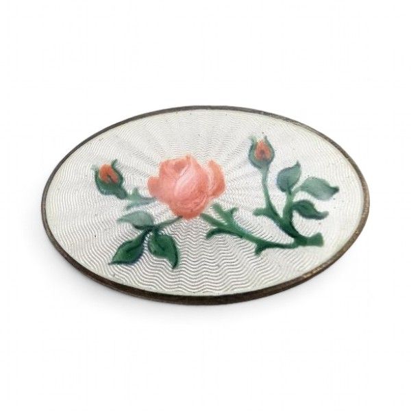 Lot 230: Norway Norne Guilloche Enamel Sterling Silver Rose Oval Brooch 6.3 G