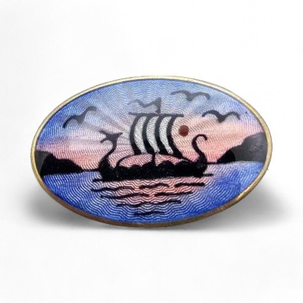 Lot 247: Norway Aksel Holmsen Guilloche Enamel Sterling Silver Viking Ship Scene Brooch 5.9 G