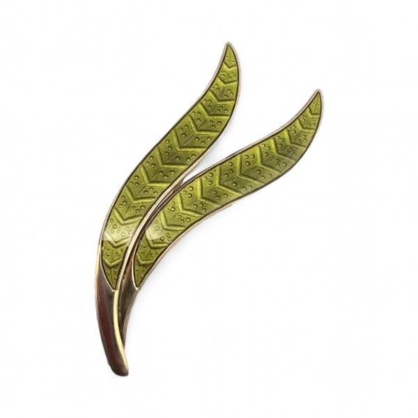 Lot 254: Norway Aksel Holmsen Guilloche Enamel Sterling Silver Olive Green Leaf Brooch 8.5 G