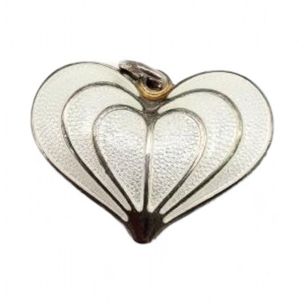 Lot 257: Norway DA David Andersen Guilloche Enamel Sterling Silver White Heart Pendant 6.3 G