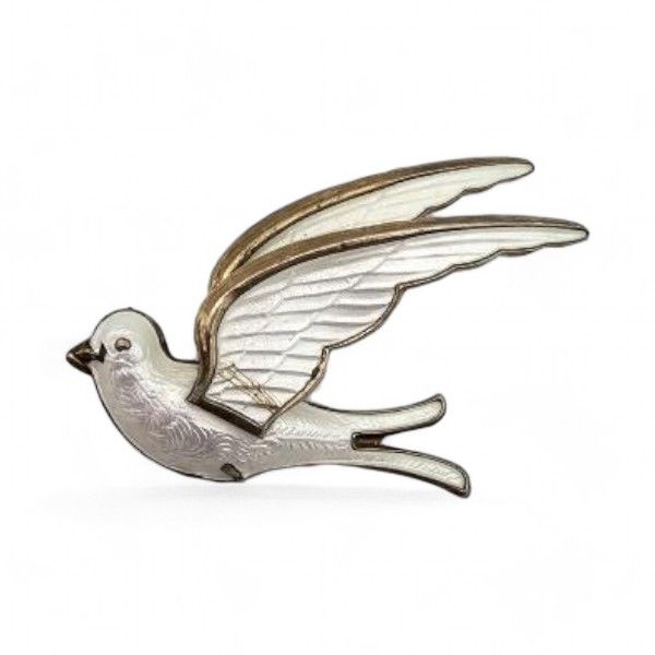 Lot 268: Norway Bernard Meldahl Guilloche Enamel Sterling Silver White Bird Brooch 5.8 G