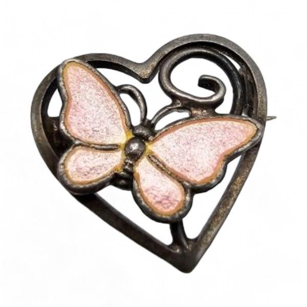 Lot 273: Denmark Volmer Bahners Guilloche Enamel Sterling Silver Pink Butterfly Heart Brooch 2.5 G
