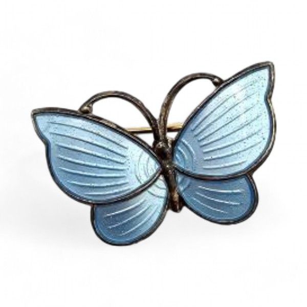 Lot 279: Denmark Jemax Guilloche Enamel Sterling Silver Blue Butterfly Brooch 3.8 G