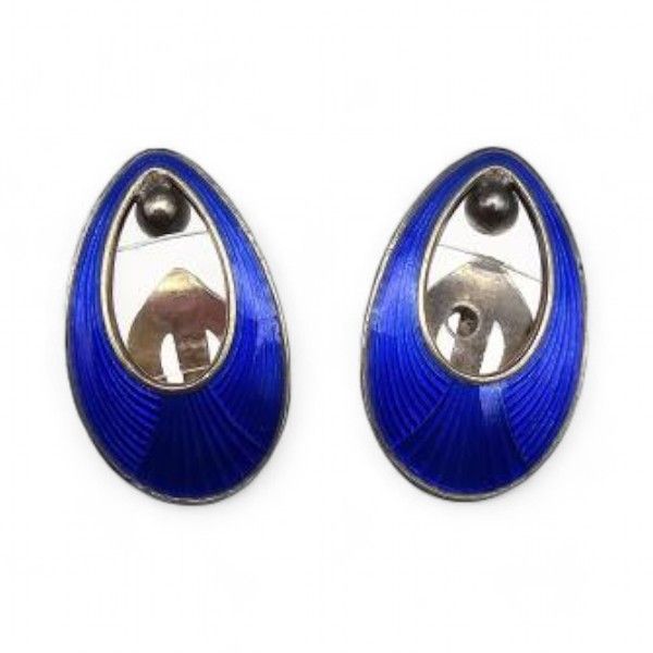 Lot 284: Denmark Jemax Guilloche Enamel Sterling Silver Blue Earrings 5.5 G