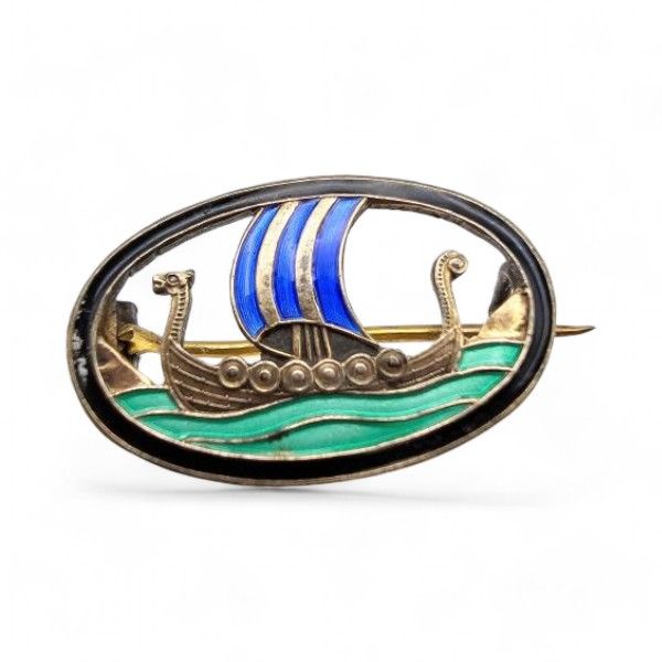 Lot 291: Norway Aksel Holmsen Guilloche Enamel Sterling Silver Viking Ship Brooch 2.6 G