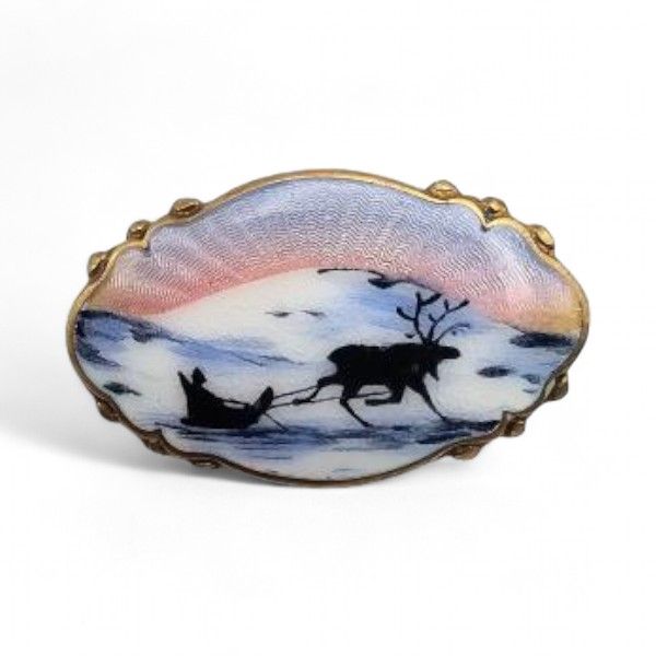 Lot 298: Norway Albert Scharning Guilloche Enamel Sterling Silver Reindeer Scene Scalloped Brooch 5.5 G
