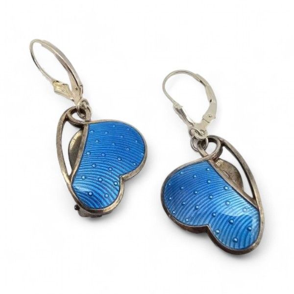 Lot 302: Norway H Ivar T Holth Guilloche Enamel Sterling Silver Blue Butterfly Earrings 7.1 G