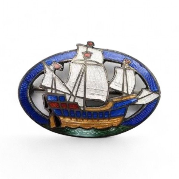 Lot 305: H Guilloche Enamel Sterling Silver Blue Ship Brooch 5.3 G