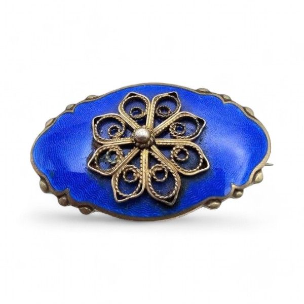 Lot 306: ALch Guilloche Enamel Sterling Silver Blue Brooch 6 G