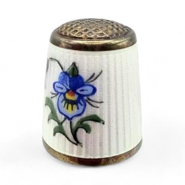 Lot 311: Norway Aksel Holmsen Guilloche Enamel Sterling Silver White Iris Thimble 8.2 G