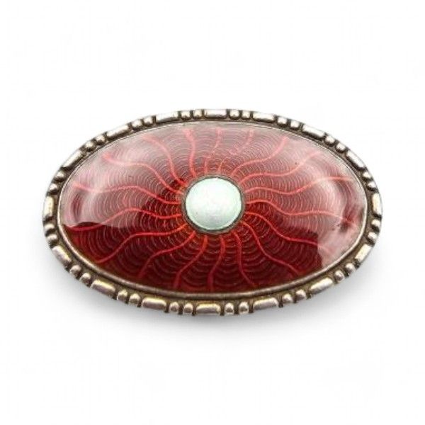 Lot 320: Norway Marius Hammer Guilloche Enamel Sterling Silver Red Brooch 3.8 G