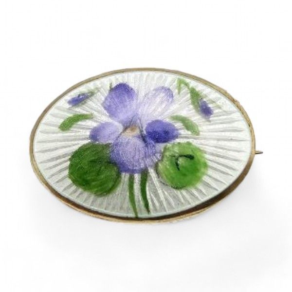 Lot 321: Norway OPRO Produkter Guilloche Enamel Sterling Silver Pansy Flower Brooch 2.7 G