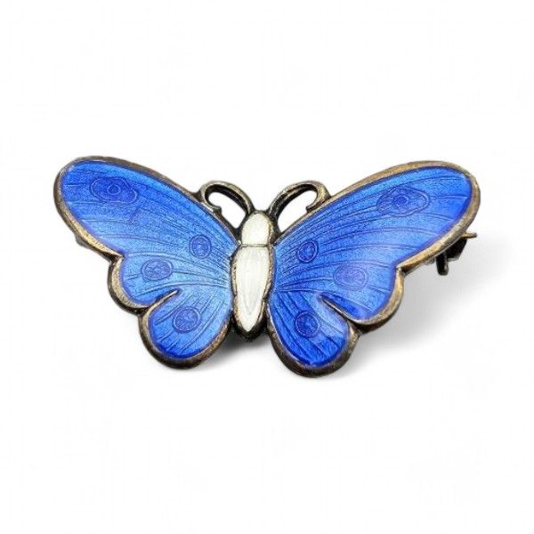 Lot 326: Norway N.M. Thune Guilloche Enamel Sterling Silver Blue Butterfly Brooch 2.3 G