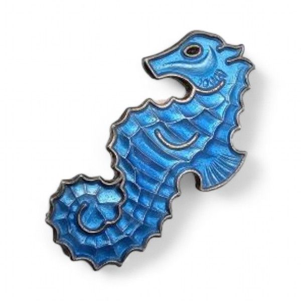 Lot 328: Denmark MEKA Guilloche Enamel Sterling Silver Blue Seahorse Brooch 3.8 G