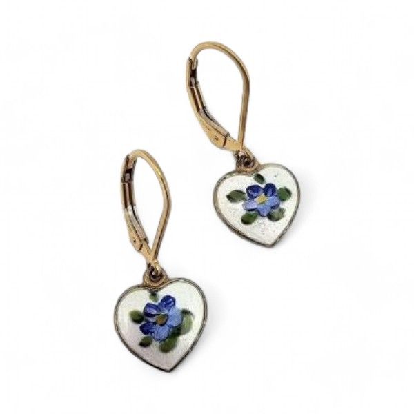 Lot 332: Norway SV Guilloche Enamel Sterling Silver Floral Heart Drop Dangle Earrings 2.1 G