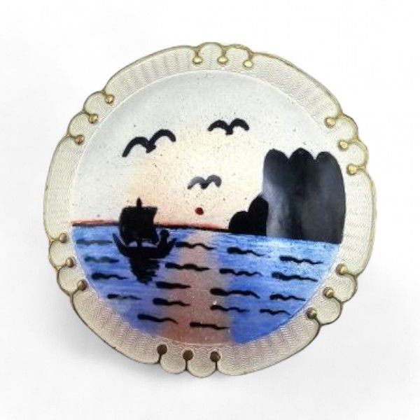 Lot 333: Norway H Ivar T Holth Guilloche Enamel Sterling Silver Ocean Scene Brooch 11 G