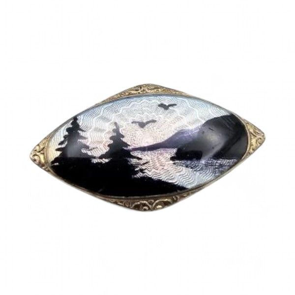 Lot 343: Norway O.F. Hjortdahl Guilloche Enamel Sterling Silver Coastal Scene Brooch 3.3 G