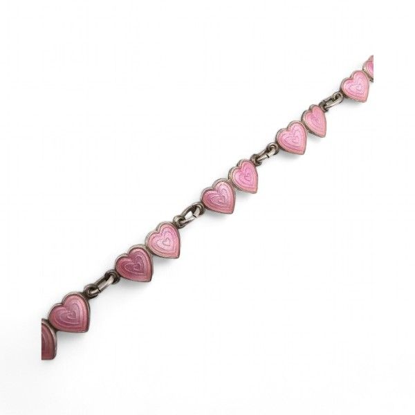 Lot 344: Norway OPRO Produkter Guilloche Enamel Sterling Silver Pink Heart Bracelet 6.2 G