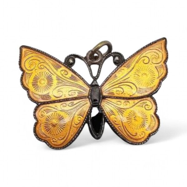 Lot 345: Denmark MEKA Guilloche Enamel Sterling Silver Orange Butterfly Pendant 4.6 G