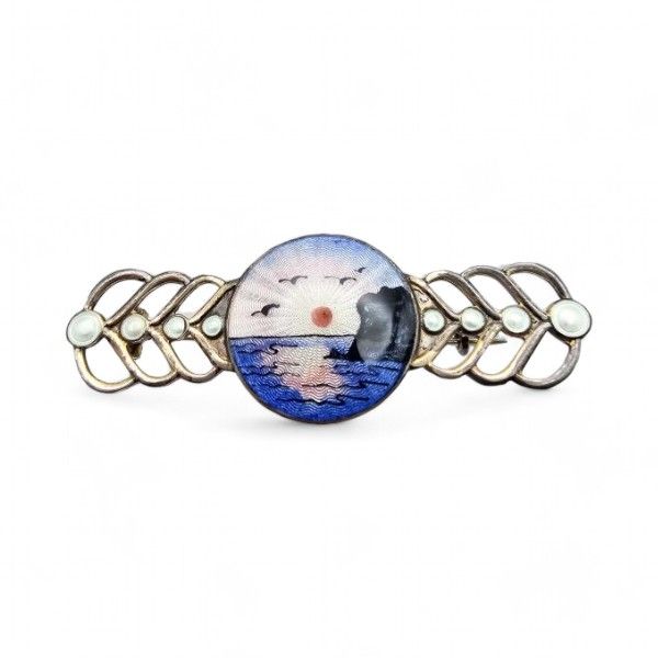 Lot 349: Norway Aksel Holmsen Guilloche Enamel Sterling Silver Ocean Scene Brooch 6.9 G