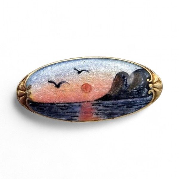 Lot 392: SK Guilloche Enamel Sterling Silver Ocean Scene Brooch 4.5 G