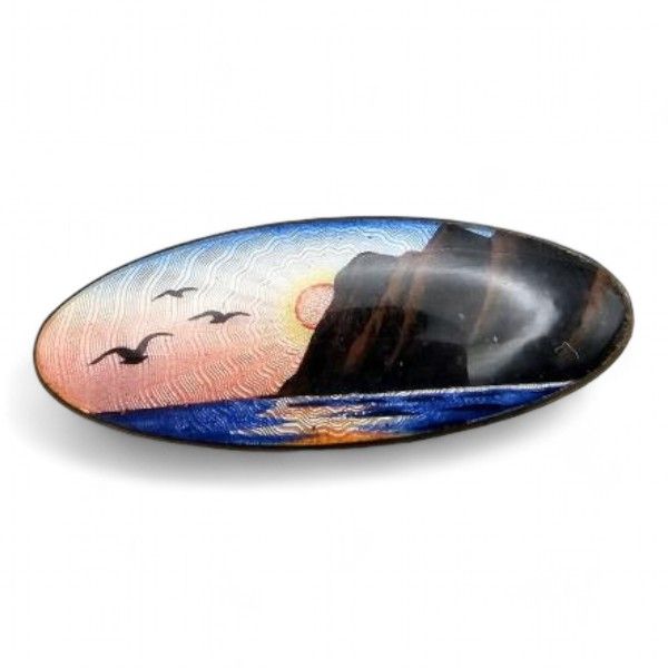 Lot 447: Norway NE Nils Erik Elvik Guilloche Enamel Sterling Silver Ocean Scene Brooch 5.9 G