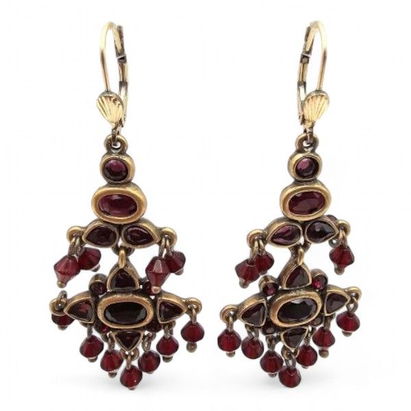 Lot 454: Bohemian Garnet Gold Filled Drop Dangle Chandelier Earrings 7.1 G