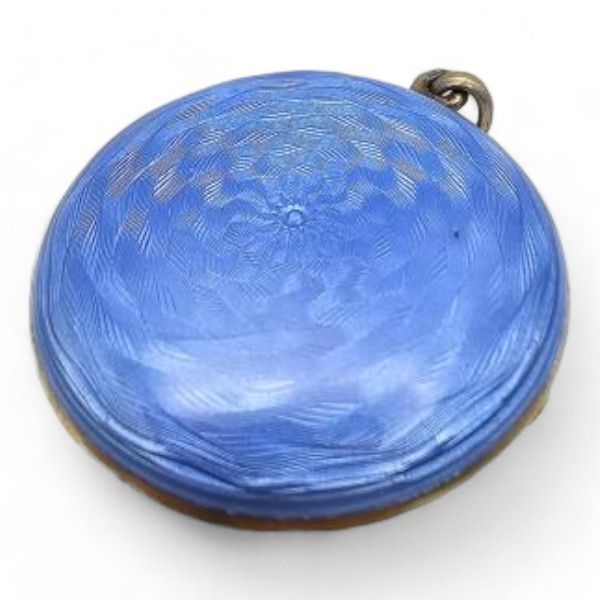 Lot 456: Signed Vintage Guilloche Enamel Sterling Silver Blue Round Makeup Compact Locket Pendant 20 G