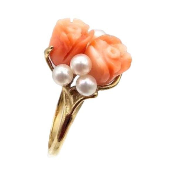 Lot 482: Pearl Carved Coral 14K Gold Cocktail Ring Sz. 5.5 3.8 G