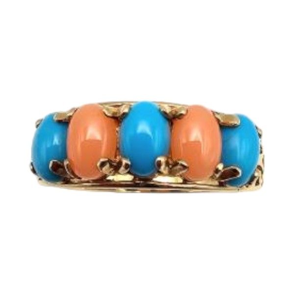 Lot 483: EA East Arts Jewelry Coral Turquoise 14K Gold Cocktail Ring Sz. 6.75 3.5 G