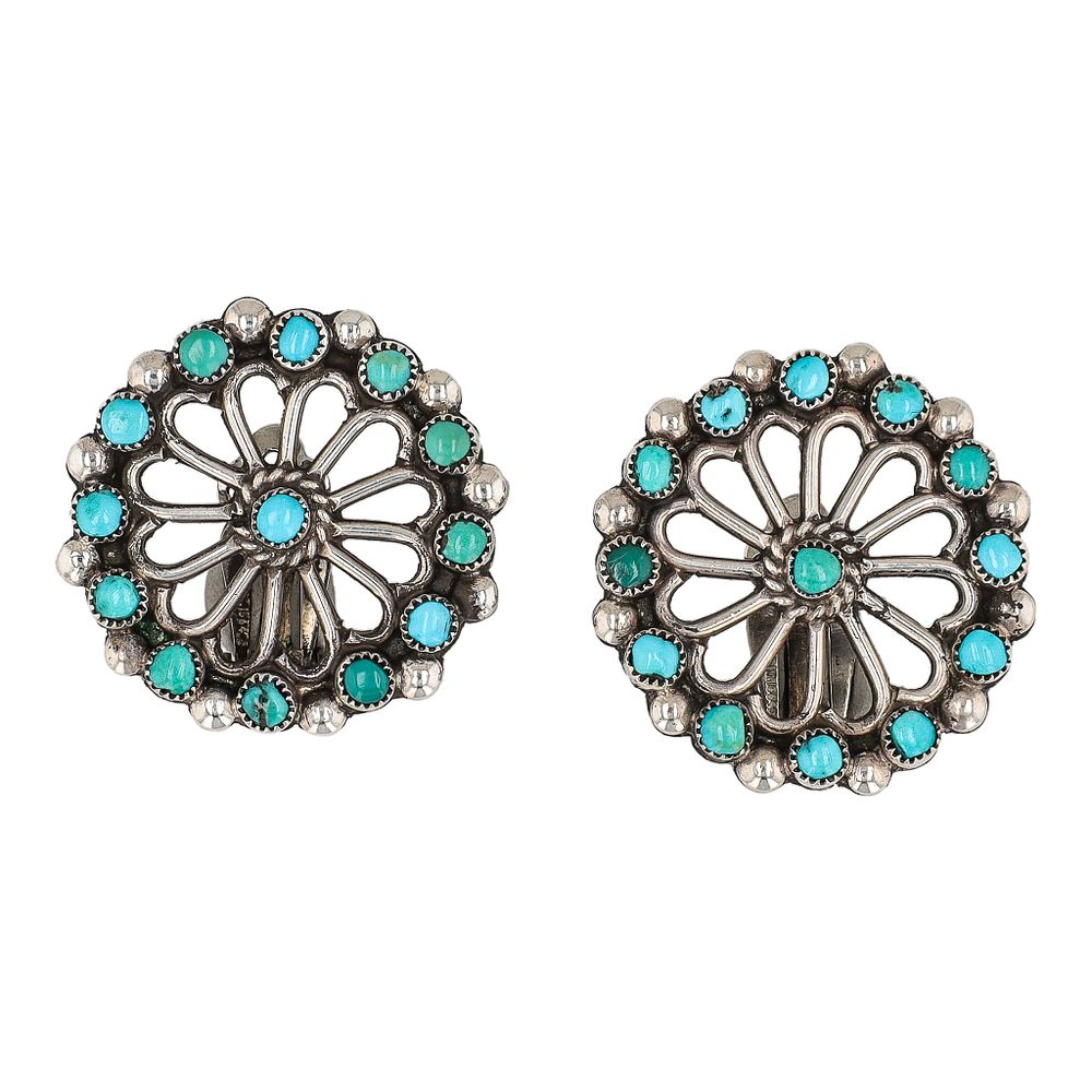 Lot 168: Vintage Zuni Turquoise Sterling Cluster Earrings