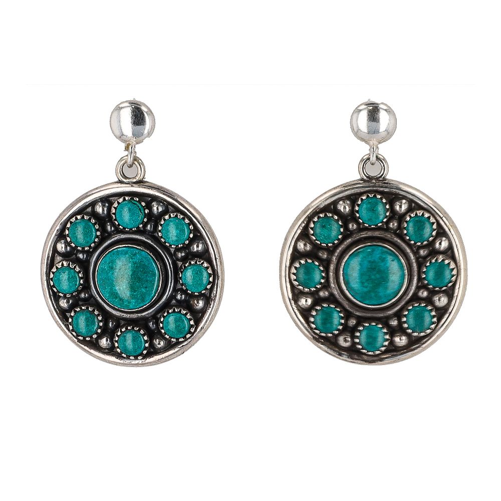 Lot 206: Vintage Zuni Green Turquoise Sterling Shadow Box Disk Earrings